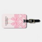Girly Elegant Pink Damask Wrap Bow Personalized Bagagelabel (Voorkant horizontaal)