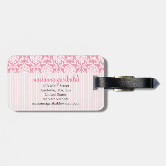 Girly Elegant Pink Damask Wrap Bow Personalized Bagagelabel (Achterkant horizontaal)