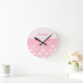 Girly Elegant Pink Damask Wrap Bow Personalized Ronde Klok (Huis)