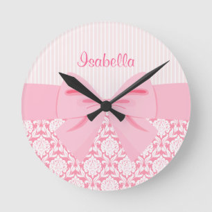 Girly Elegant Pink Damask Wrap Bow Personalized Ronde Klok