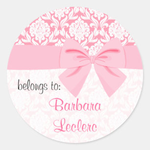 Girly Elegant Pink Damask Wrap Bow Personalized Ronde Sticker