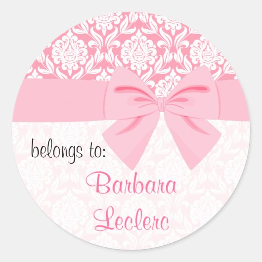 Girly Elegant Pink Damask Wrap Bow Personalized Ronde Sticker (Voorkant)
