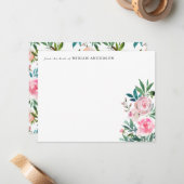 Girly Elegant Pink Floral Peony Roos Waterverf Notitiekaartje (Voorkant / Achterkant in situ)