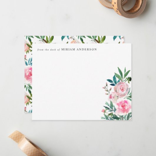 Girly Elegant Pink Floral Peony Roos Waterverf Notitiekaartje (Voorkant / Achterkant in situ)
