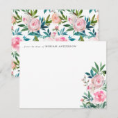 Girly Elegant Pink Floral Peony Roos Waterverf Notitiekaartje (Voorkant / Achterkant)