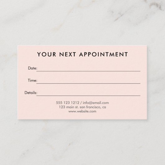 Girly Elegant Professioneel Blush Roze Afsprakenkaartje (Achterkant)