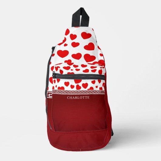 Girly Elegant Red Heart Aangepaste naam Sling Bag (Voorkant)