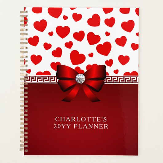 Girly Elegant Red Heart, Red Ribbon Custom Name Planner (Voorkant)
