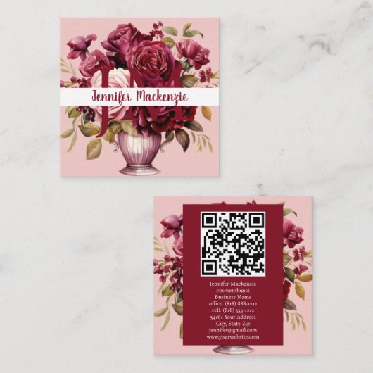 Girly Elegant Roze Bourgogne Rode Rozen Vierkante Visitekaartje (Voorkant / Achterkant)
