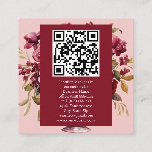 Girly Elegant Roze Bourgogne Rode Rozen Vierkante Visitekaartje (Achterkant)