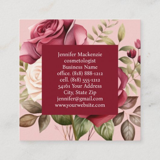 Girly Elegant Roze Bourgogne Rode Rozen Vierkante Visitekaartje (Achterkant)