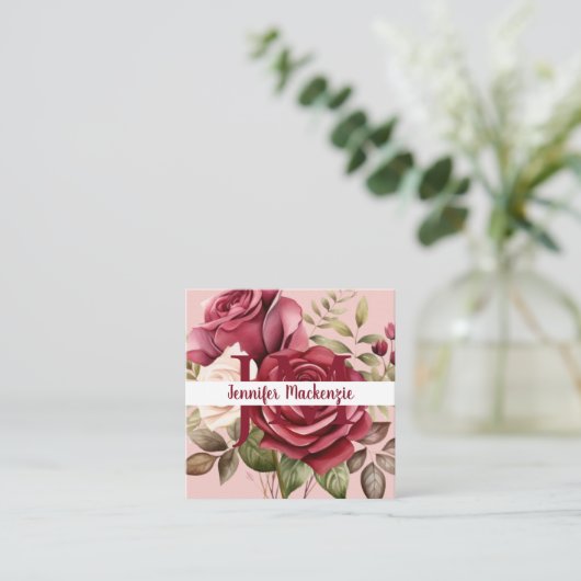Girly Elegant Roze Bourgogne Rode Rozen Vierkante Visitekaartje (Staand voorkant)