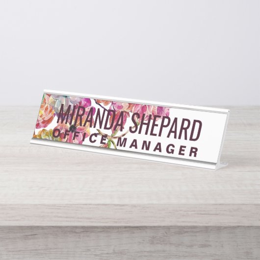 Girly Elegant Waterverf Painted Pink Flowers Bureau Naambordje (Voorkant)