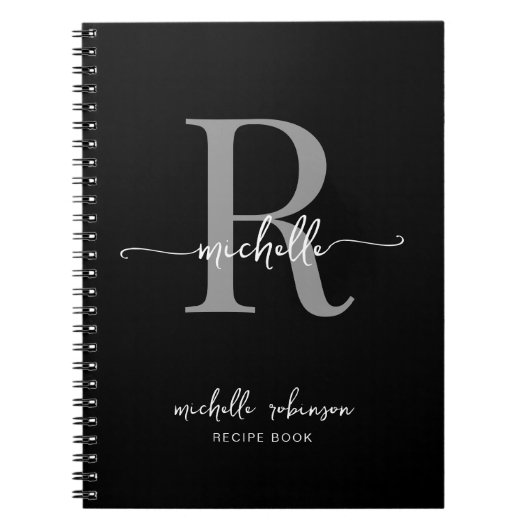 Girly Elegant Zwart Grijs Kookboek Recept Monogram Notitieboek (Voorkant)