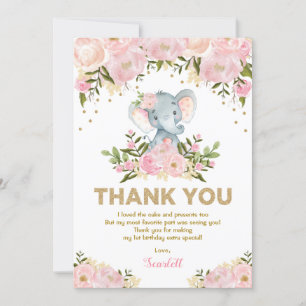Girly Elephant Pastel Pink Floral 1e verjaardag Bedankkaart
