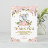 Girly Elephant Pastel Pink Floral 1e verjaardag Bedankkaart (Staand voorkant)