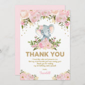 Girly Elephant Pastel Pink Floral 1e verjaardag Bedankkaart (Voorkant / Achterkant)