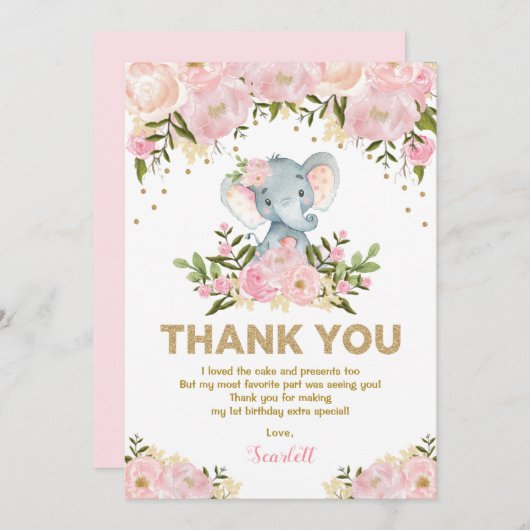 Girly Elephant Pastel Pink Floral 1e verjaardag Bedankkaart (Voorkant / Achterkant)