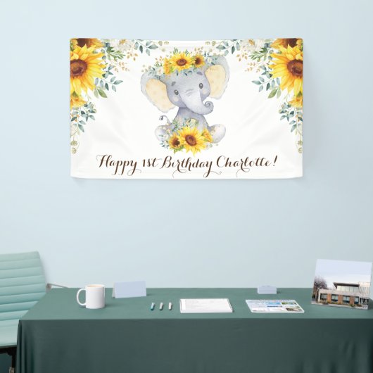 Girly Elephant Rustic Sunflower Happy Birthday Spandoek (Beurs)