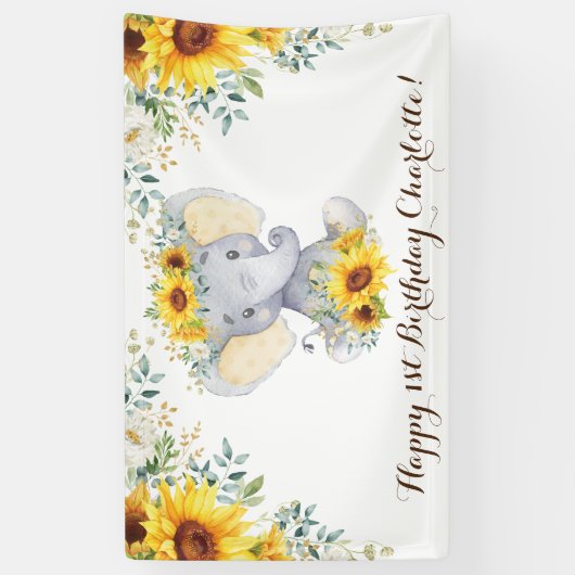 Girly Elephant Rustic Sunflower Happy Birthday Spandoek (Verticaal)