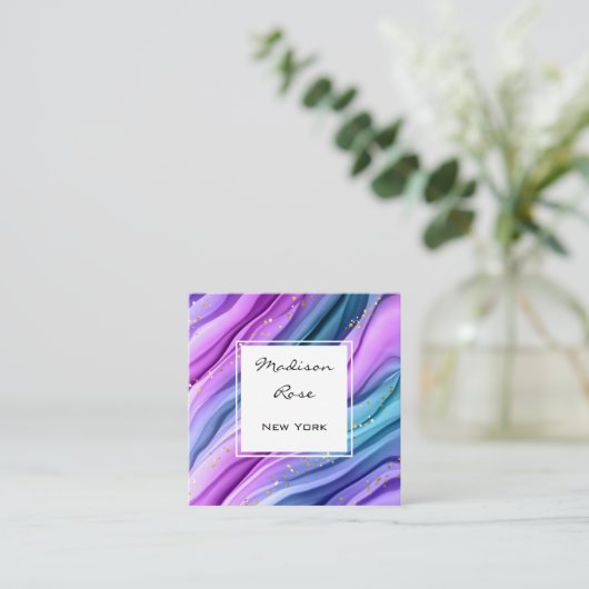 Girly en Trendy Paarse Blauwe Ink en Gouden Sparkl Vierkante Visitekaartje (Staand voorkant)