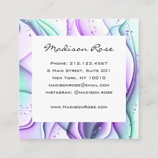 Girly en Trendy Paarse Groene Witte Ink & Sparkles Vierkante Visitekaartje (Achterkant)