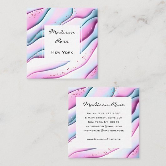 Girly en Trendy Pink Aqua White Ink en Sparkles Vierkante Visitekaartje (Voorkant / Achterkant)