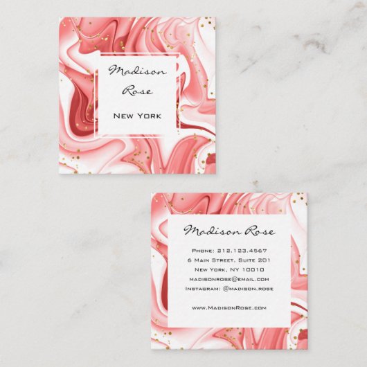 Girly en Trendy Roze Perzik Witte Inkt Gouden Spar Vierkante Visitekaartje (Voorkant / Achterkant)