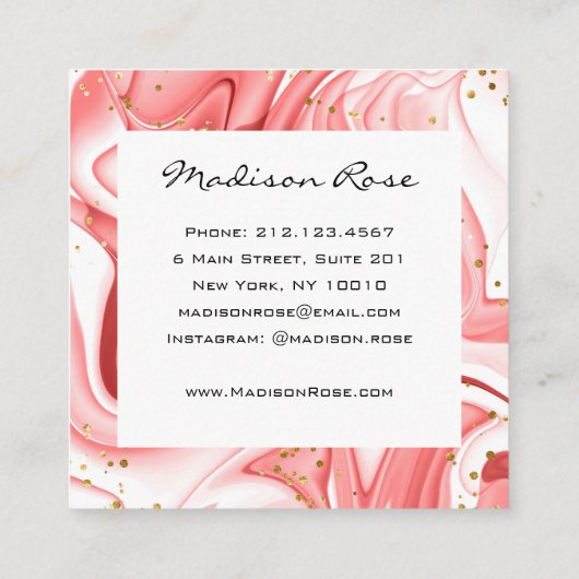 Girly en Trendy Roze Perzik Witte Inkt Gouden Spar Vierkante Visitekaartje (Achterkant)