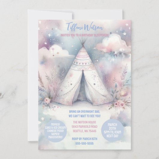 Girly Enchanted Teepee Sleepover Verjaardagsfeest Kaart (Voorkant)