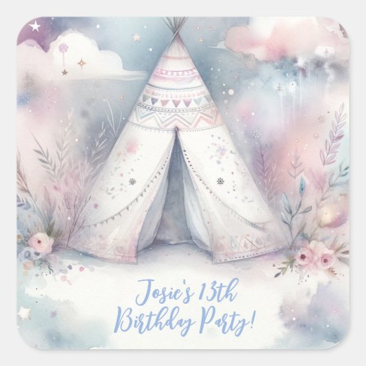 Girly Enchanted Teepee Sleepover Verjaardagsfeest Vierkante Sticker (Voorkant)