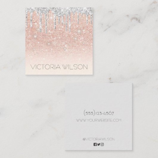 Girly Fading Pink Dusty Roos Silver Glitter Drip Vierkante Visitekaartje (Voorkant / Achterkant)