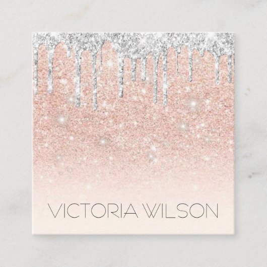 Girly Fading Pink Dusty Roos Silver Glitter Drip Vierkante Visitekaartje (Voorkant)