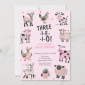 Girly Farm Animal Third Birthday Invitation Kaart (Voorkant)