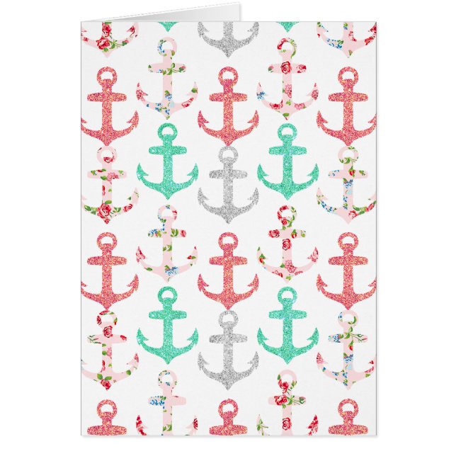 Girly Faux Glitter Floral Nautical Anchors (Voorkant)