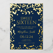 Girly Faux Gold Foil Confetti Sweet 16 Navy Folie Uitnodiging (Voorkant)