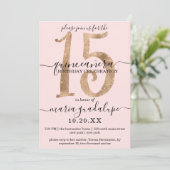 Girly Faux Gold Glitter Blush Pink Quinceañera Kaart (Staand voorkant)
