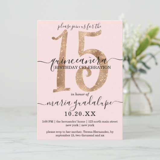 Girly Faux Gold Glitter Blush Pink Quinceañera Kaart (Staand voorkant)