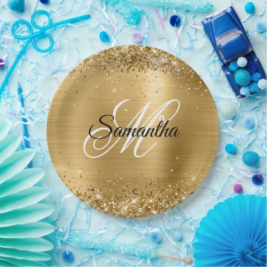 Girly Faux Gold Glittery Folie Monogram Papieren Bordje (Feest)