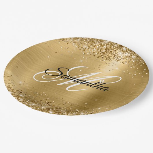 Girly Faux Gold Glittery Folie Monogram Papieren Bordje (Gekanteld)