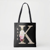 Girly Faux Goud Glitter Bloemen Letter K Monogram Tote Bag (Voorkant)