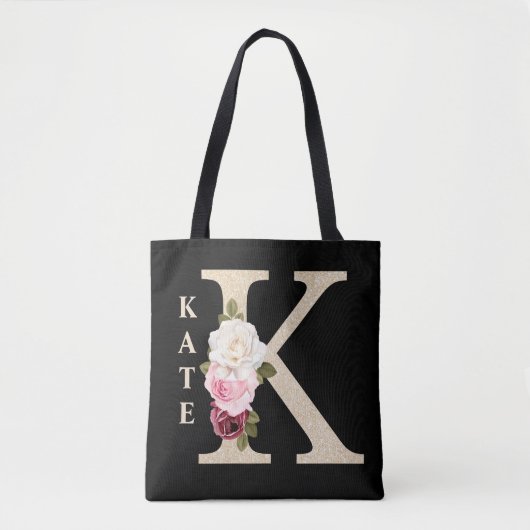 Girly Faux Goud Glitter Bloemen Letter K Monogram Tote Bag (Voorkant)