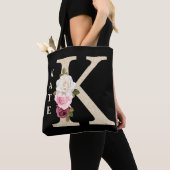 Girly Faux Goud Glitter Bloemen Letter K Monogram Tote Bag (Dichtbij)