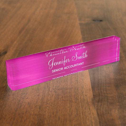 Girly Faux Hot Pink Foil Name and Job Title Naambordje (Zijkant)