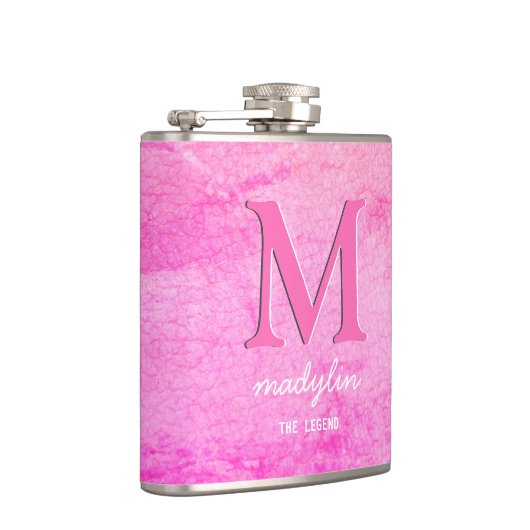 Girly Faux Leer Roze Monogram Naam Heupfles (Rechts)