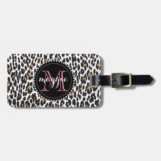Girly Faux Leopard Print Monogram patroon Bagagelabel (Voorkant horizontaal)