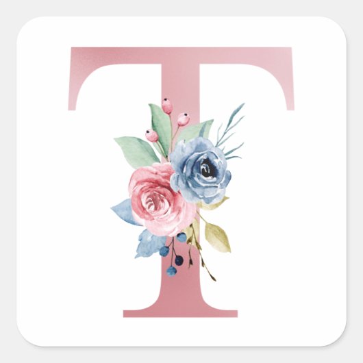 Girly Faux Pink Folie Bloemenletter T Monogram Vierkante Sticker (Voorkant)
