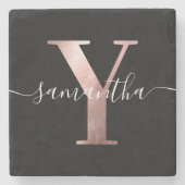 Girly Faux Roos Gold Foil Monogram White en Black Stenen Onderzetter (Voorkant)