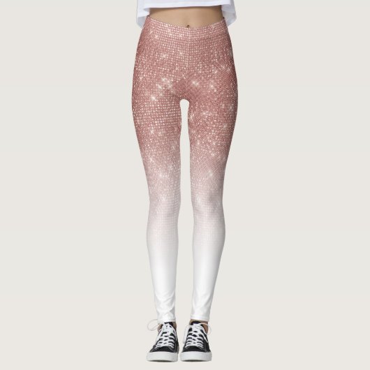 Girly Faux Roos Gold Sequin Glitter White Ombre Leggings (Voorkant)