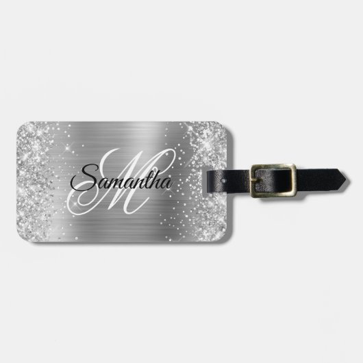 Girly Faux Silver Glitter en Shiny Folie Bagagelabel (Voorkant horizontaal)